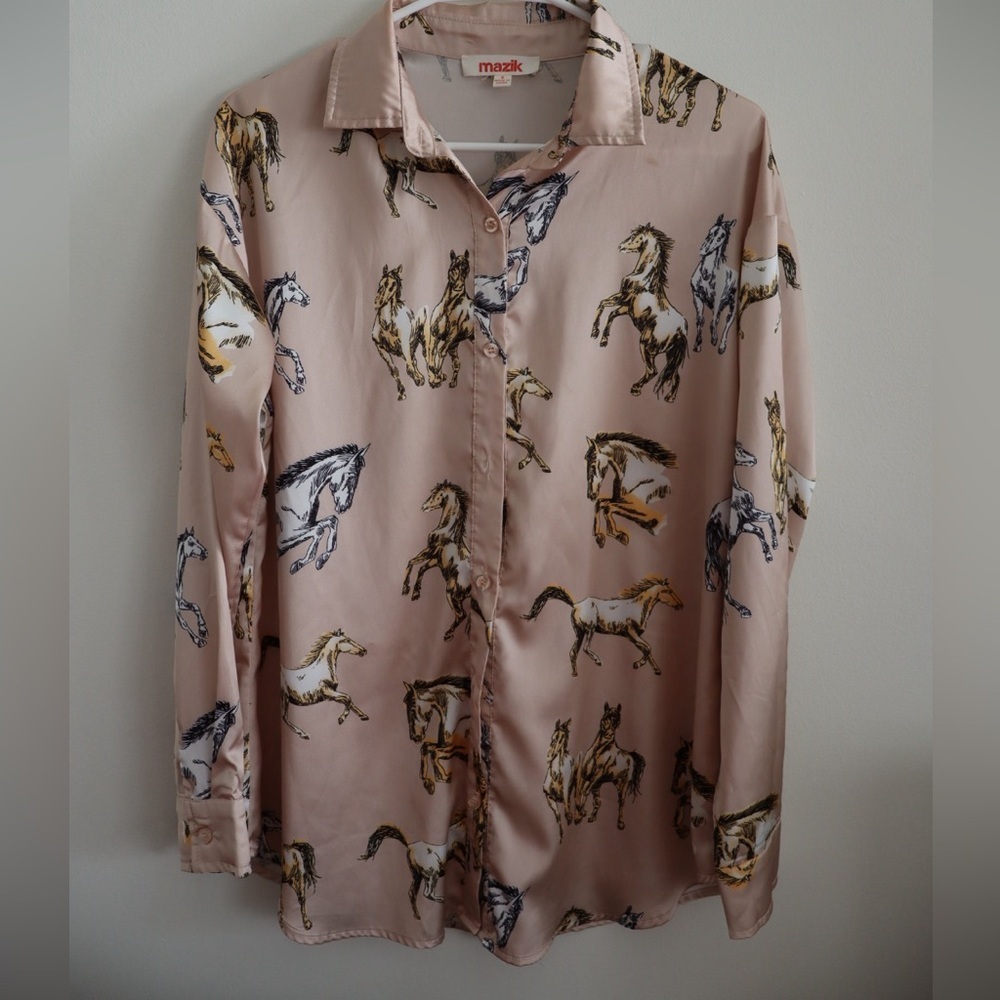 Mazik Horse Print Button-Down Western Blouse Pink